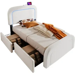 Okwish Lit avec rangement 90x200 cm - Lit simple rembourré avec 2 tiroirs et USB Type-C - Sherpa - Sans Matelas - Blanc