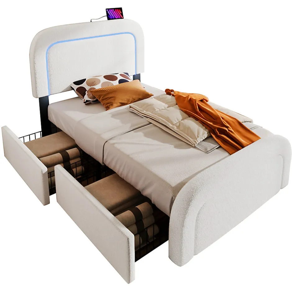 Okwish Lit avec rangement 90x200 cm - Lit simple rembourré avec 2 tiroirs et USB Type-C - Sherpa - Sans Matelas - Blanc