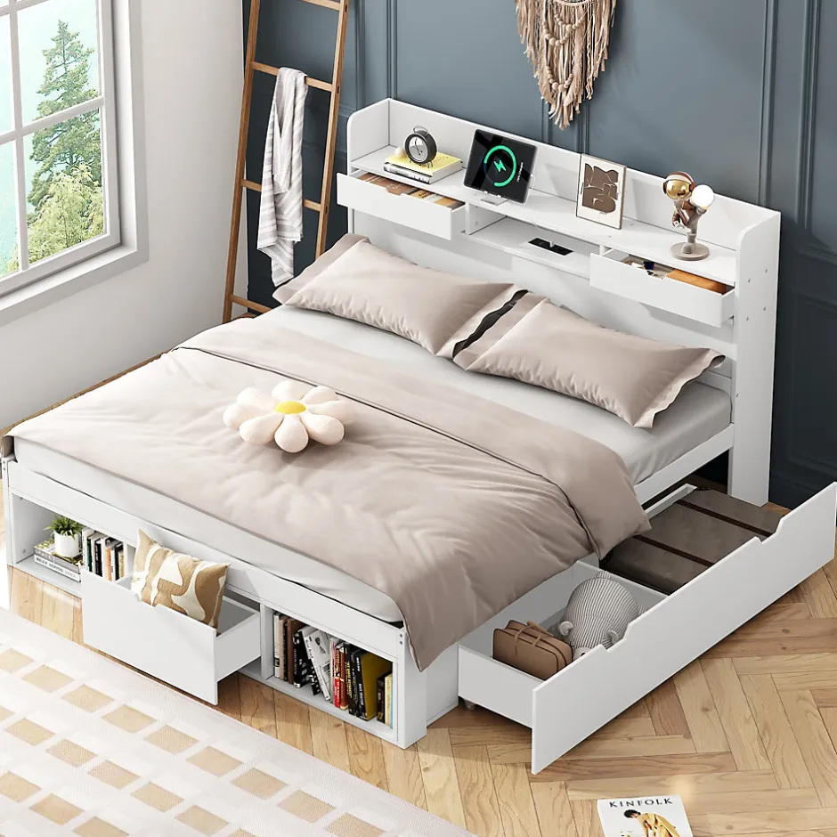 Okwish Lit avec Rangement 160x200 cm - Lit Double avec USB et Tiroirs, Armoire Intégrée - Sans Matelas - Bois Blanc
