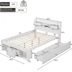 Okwish Lit avec Rangement 160x200 cm - Lit Double avec USB et Tiroirs, Armoire Intégrée - Sans Matelas - Bois Blanc