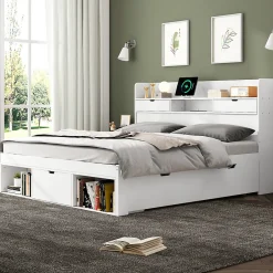 Okwish Lit avec Rangement 160x200 cm - Lit Double avec USB et Tiroirs, Armoire Intégrée - Sans Matelas - Bois Blanc