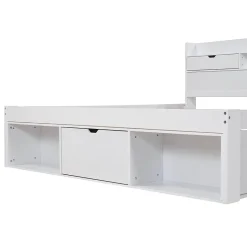 Okwish Lit avec Rangement 160x200 cm - Lit Double avec USB et Tiroirs, Armoire Intégrée - Sans Matelas - Bois Blanc