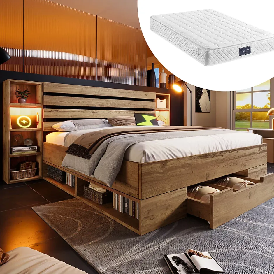 Okwish Lit avec rangement 160x200 cm - Lit double avec éclairage LED et USB - Bois massif + MDF - Sans Matelas - Chêne Sale