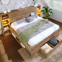 Okwish Lit avec rangement 160x200 cm - Lit double avec éclairage LED et USB - Bois massif + MDF - Sans Matelas - Chêne Sale