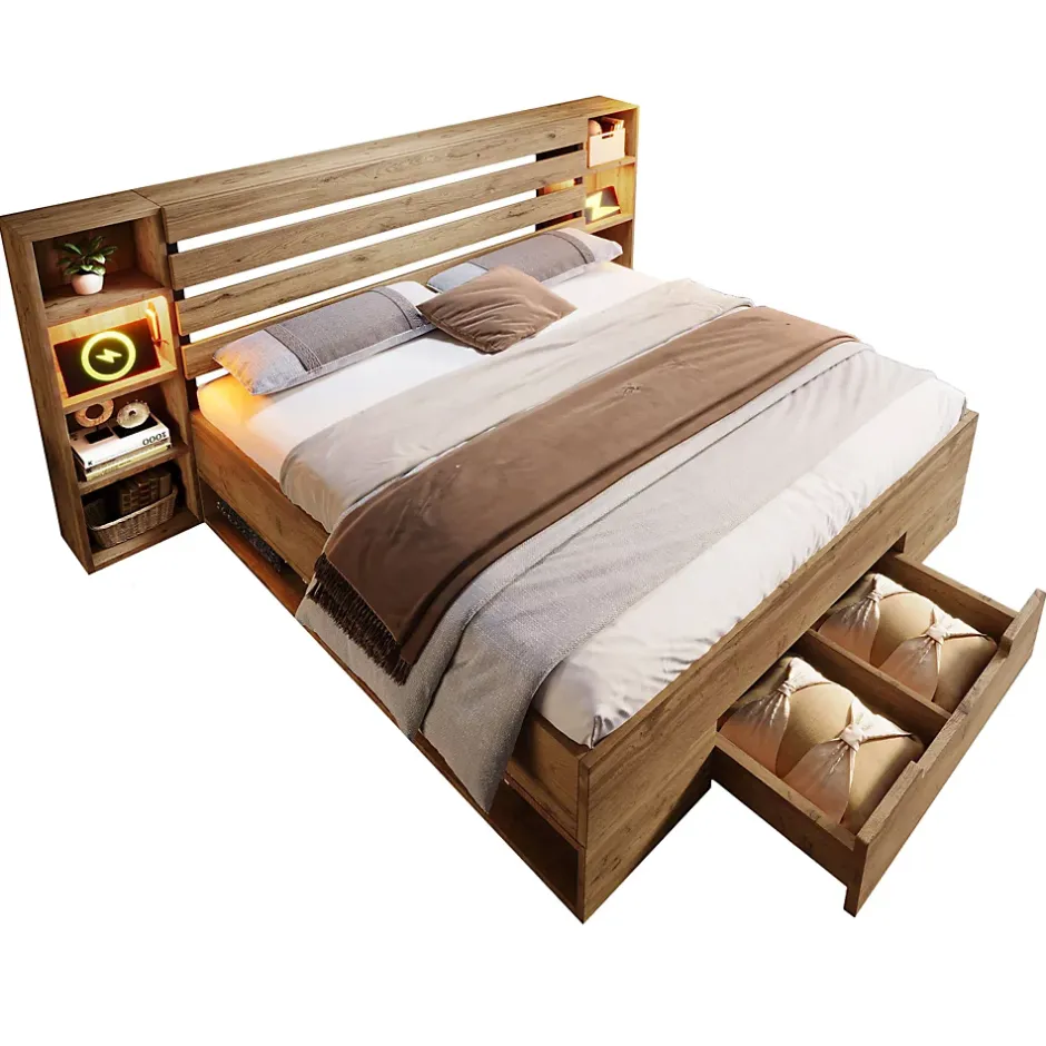 Okwish Lit avec rangement 160x200 cm - Lit double avec éclairage LED et USB - Bois massif + MDF - Sans Matelas - Chêne Sale