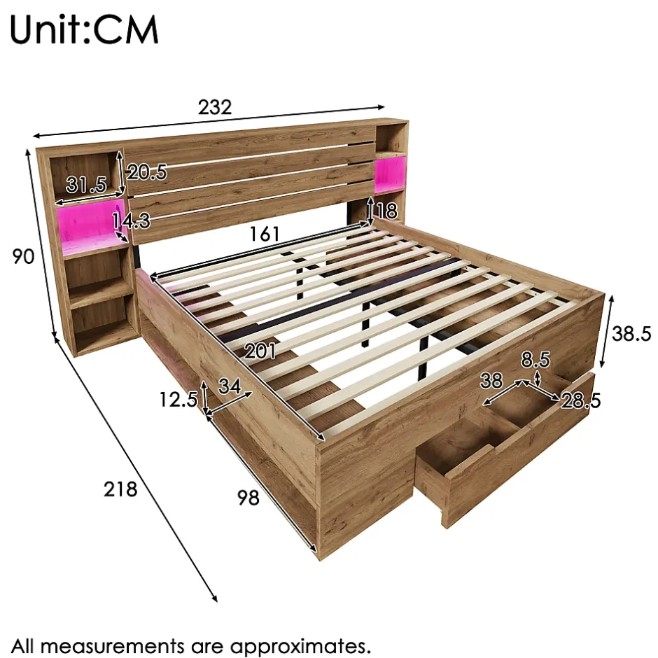 Okwish Lit avec rangement 160x200 cm - Lit double avec éclairage LED et USB - Bois massif + MDF - Sans Matelas - Chêne Sale