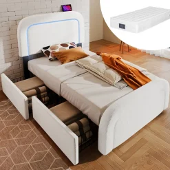 Okwish Lit avec rangement 90x200 cm - Lit simple capitonné avec tiroirs, USB Type-C et LED - Sherpa - Matelas Inclus - Blanc