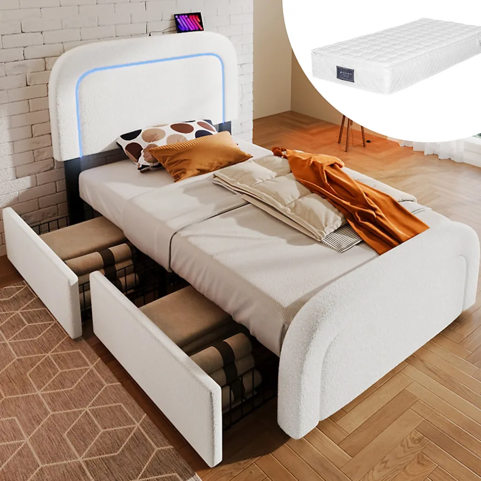 Okwish Lit avec rangement 90x200 cm - Lit simple capitonné avec tiroirs, USB Type-C et LED - Sherpa - Matelas Inclus - Blanc