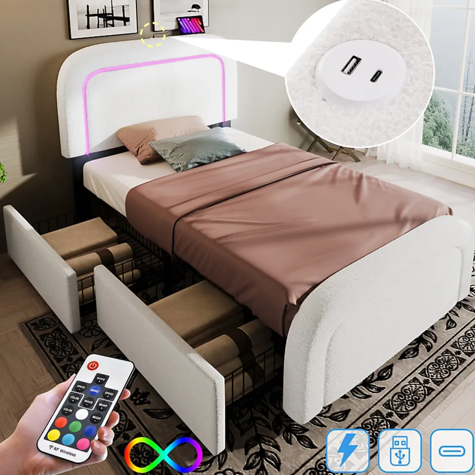 Okwish Lit avec rangement 90x200 cm - Lit simple capitonné avec tiroirs, USB Type-C et LED - Sherpa - Matelas Inclus - Blanc