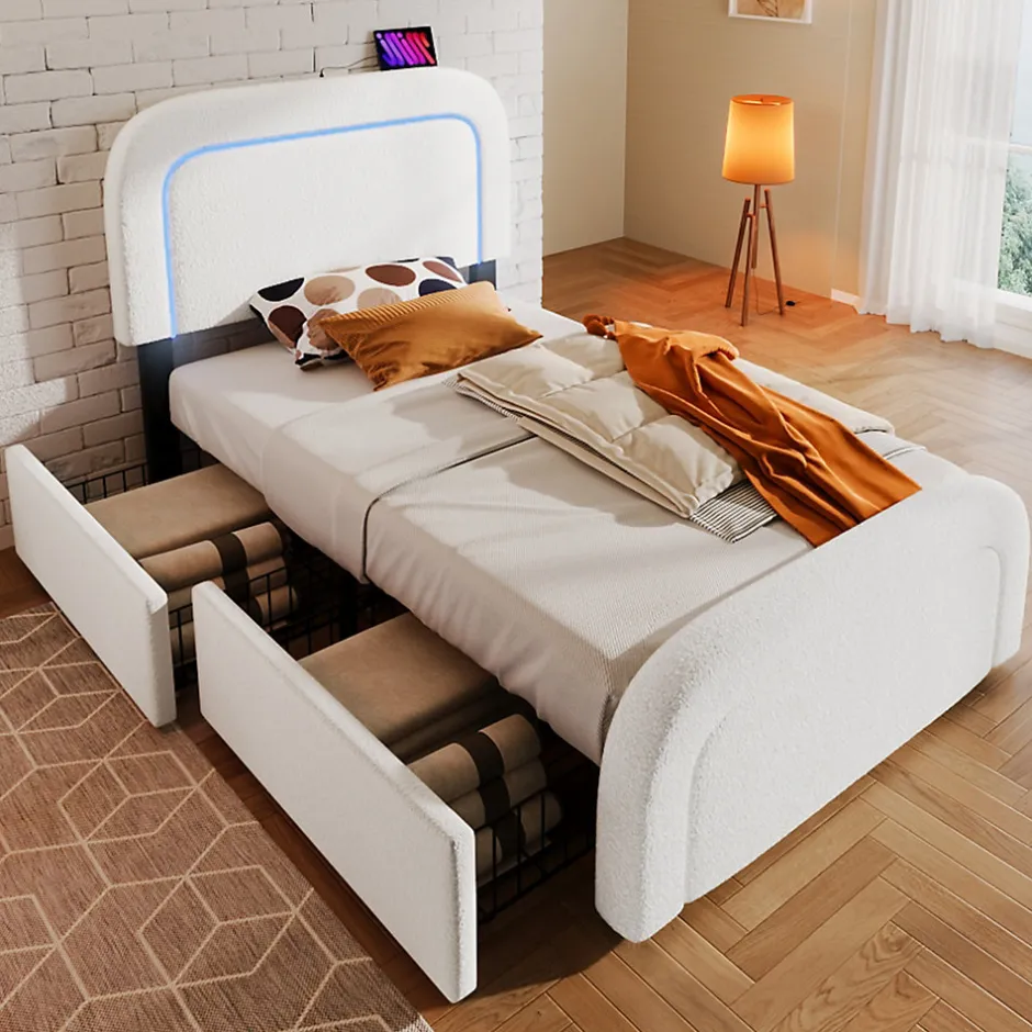 Okwish Lit avec rangement 90x200 cm - Lit simple capitonné avec tiroirs, USB Type-C et LED - Sherpa - Matelas Inclus - Blanc