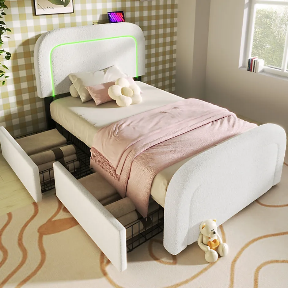 Okwish Lit avec rangement 90x200 cm - Lit simple capitonné avec tiroirs, USB Type-C et LED - Sherpa - Matelas Inclus - Blanc