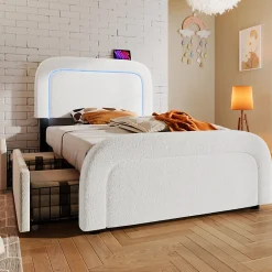 Okwish Lit avec rangement 90x200 cm - Lit simple capitonné avec tiroirs, USB Type-C et LED - Sherpa - Matelas Inclus - Blanc