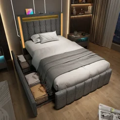 Generique Lit avec rangement 90x200 cm capitonné avec ports USB-C et LED, 2 tiroirs intégrés, tissu lin gris, sans matelas