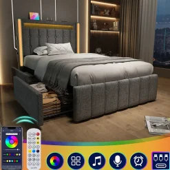 Generique Lit avec rangement 90x200 cm capitonné avec ports USB-C et LED, 2 tiroirs intégrés, tissu lin gris, sans matelas