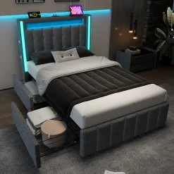 Generique Lit avec rangement 90x200 cm capitonné avec ports USB-C et LED, 2 tiroirs intégrés, tissu lin gris, sans matelas