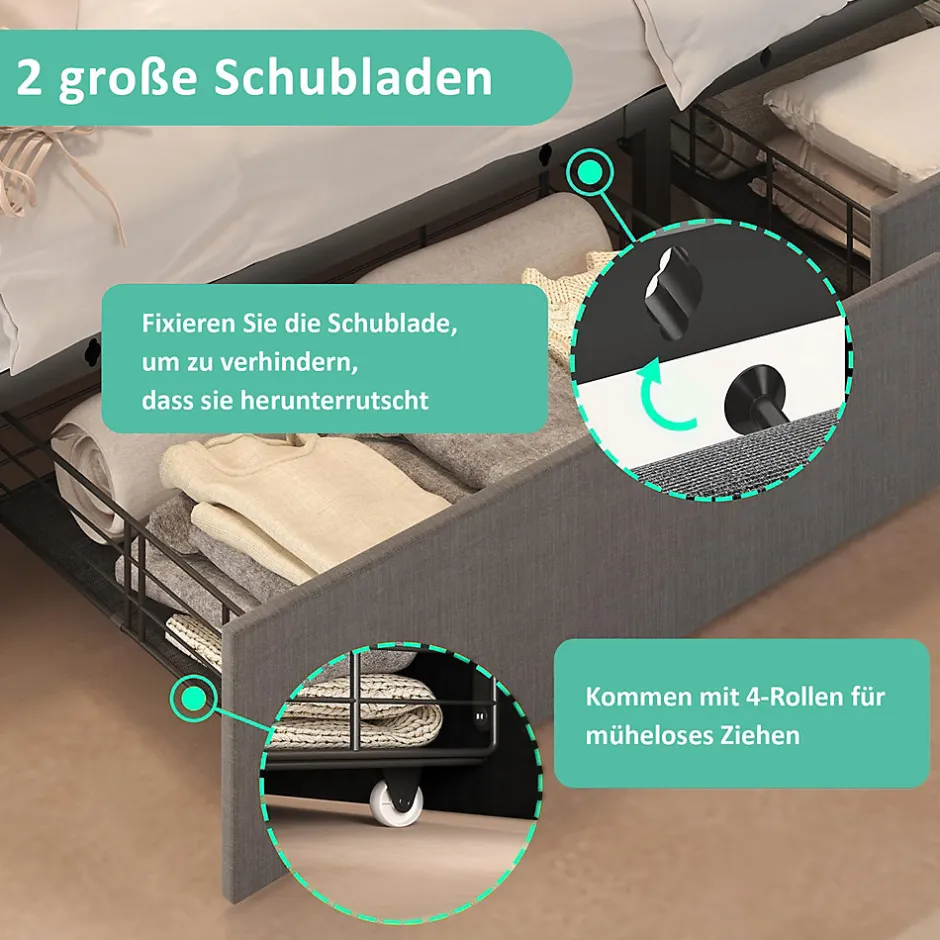 Generique Lit avec rangement 90x200 cm capitonné avec ports USB-C et LED, 2 tiroirs intégrés, tissu lin gris, sans matelas
