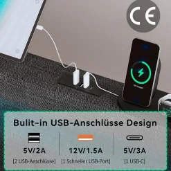 Generique Lit avec rangement 90x200 cm capitonné avec ports USB-C et LED, 2 tiroirs intégrés, tissu lin gris, sans matelas