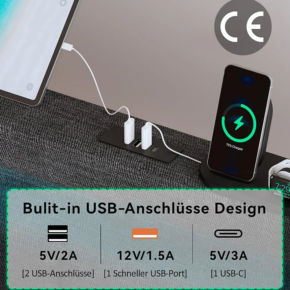 Generique Lit avec rangement 90x200 cm capitonné avec ports USB-C et LED, 2 tiroirs intégrés, tissu lin gris, sans matelas