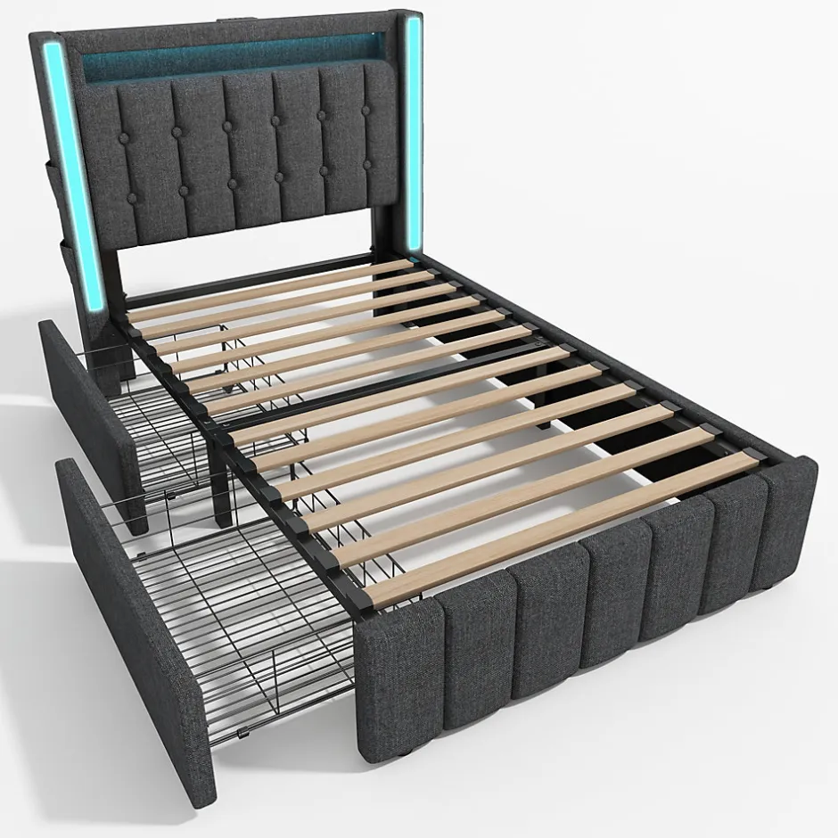 Generique Lit avec rangement 90x200 cm capitonné avec ports USB-C et LED, 2 tiroirs intégrés, tissu lin gris, sans matelas