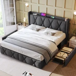 Okwish Lit avec rangement 160x200 cm double capitonné avec 4 tiroirs et ports USB, structure lin et bois robuste, gris, sans matelas Clearance