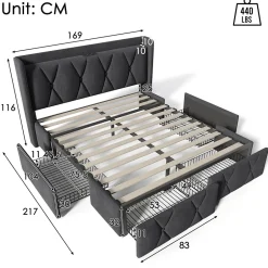 Okwish Lit avec rangement 160x200 cm double capitonné avec 4 tiroirs et ports USB, structure lin et bois robuste, gris, sans matelas Clearance
