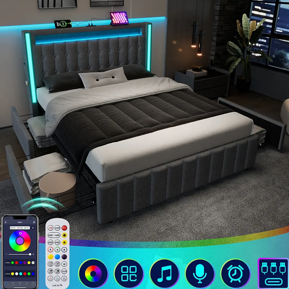 Okwish Lit avec rangement 160x200 cm double capitonné avec ports USB-C et LED, 4 tiroirs intégrés, tissu lin gris, sans matelas