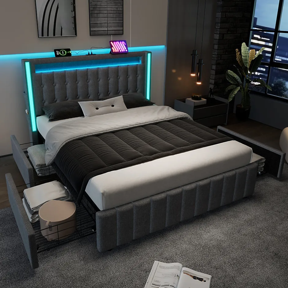 Okwish Lit avec rangement 160x200 cm double capitonné avec ports USB-C et LED, 4 tiroirs intégrés, tissu lin gris, sans matelas