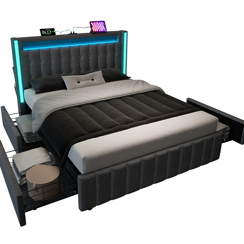 Okwish Lit avec rangement 160x200 cm double capitonné avec ports USB-C et LED, 4 tiroirs intégrés, tissu lin gris, sans matelas