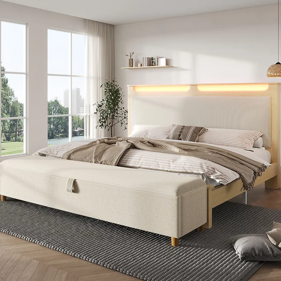 Okwish Lit avec rangement 140x200 cm double, tête de lit LED et banc de rangement, velours côtelé, chêne clair et beige, sans matelas Sale