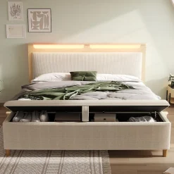 Okwish Lit avec rangement 140x200 cm double, tête de lit LED et banc de rangement, velours côtelé, chêne clair et beige, sans matelas Sale