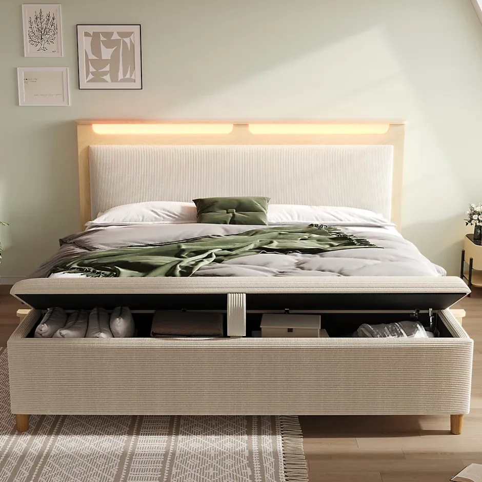 Okwish Lit avec rangement 140x200 cm double, tête de lit LED et banc de rangement, velours côtelé, chêne clair et beige, sans matelas Sale