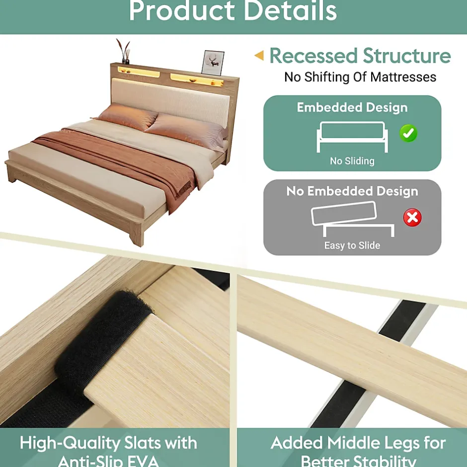 Okwish Lit avec rangement 140x200 cm double, tête de lit LED et banc de rangement, velours côtelé, chêne clair et beige, sans matelas Sale