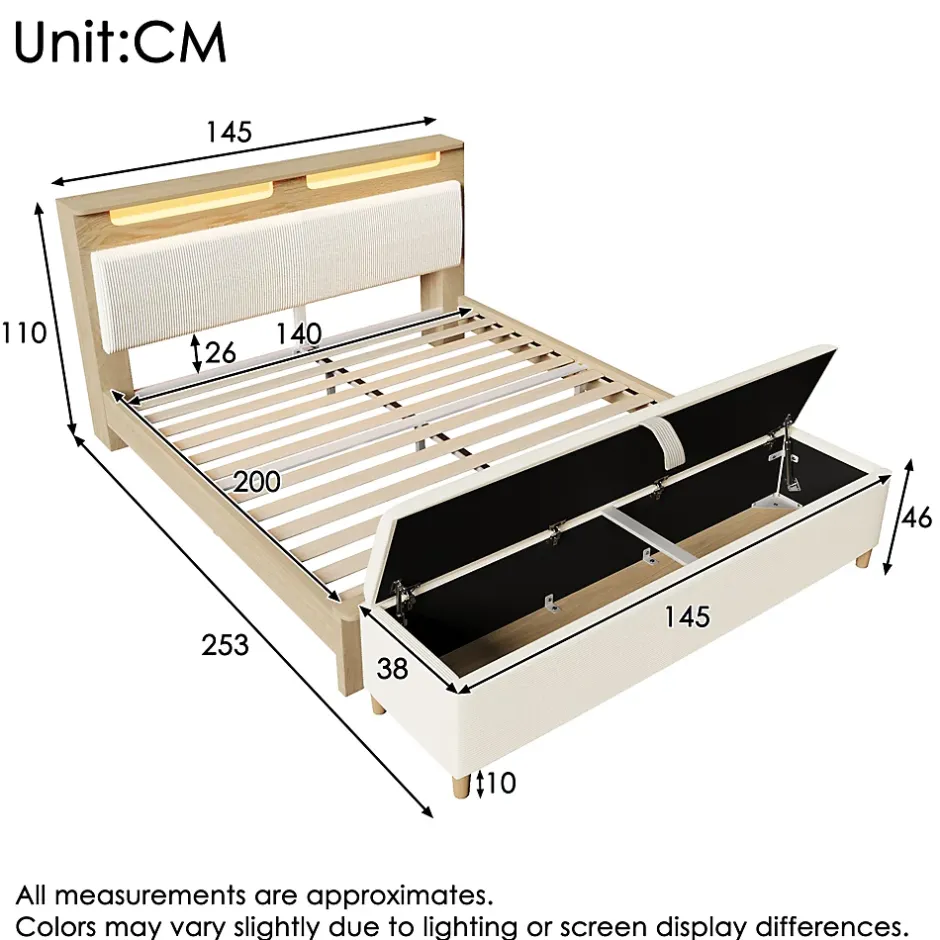 Okwish Lit avec rangement 140x200 cm double, tête de lit LED et banc de rangement, velours côtelé, chêne clair et beige, sans matelas Sale