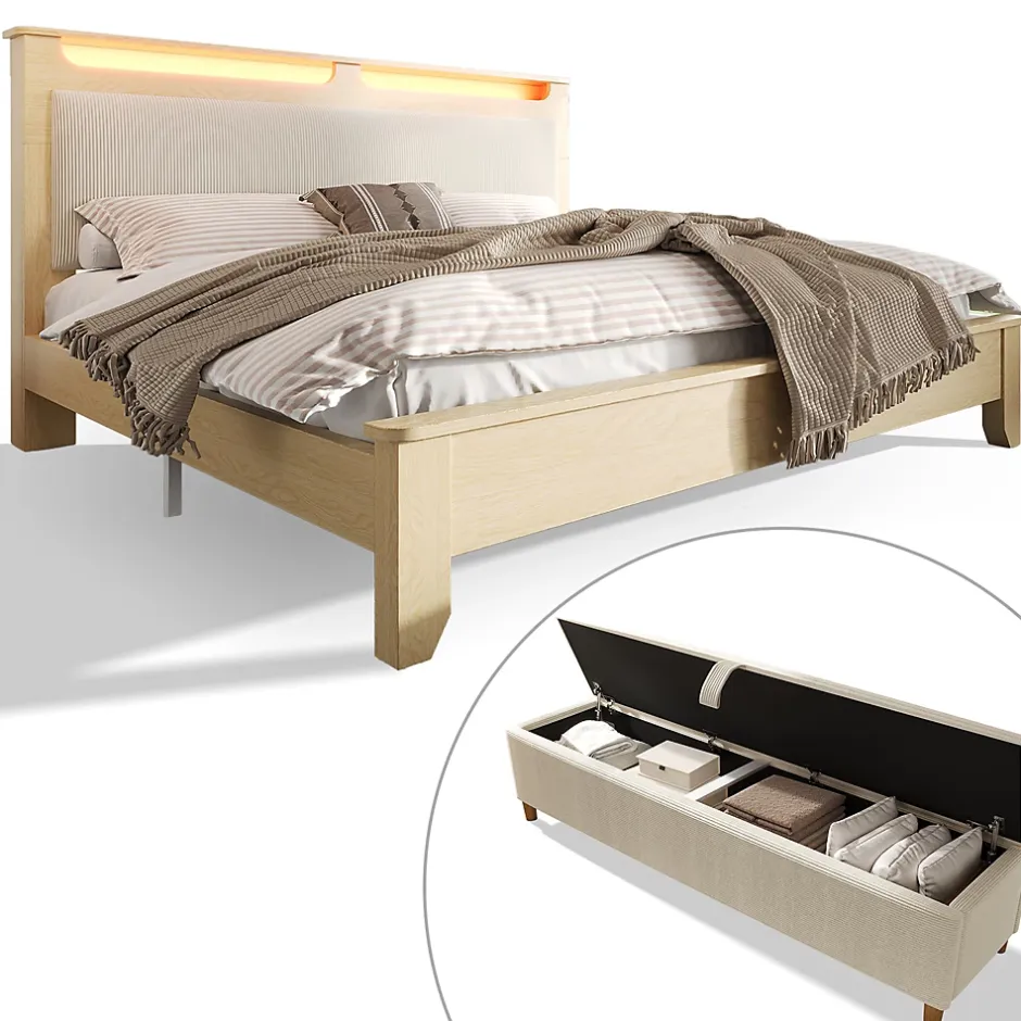 Okwish Lit avec rangement 140x200 cm double, tête de lit LED et banc de rangement, velours côtelé, chêne clair et beige, sans matelas Sale