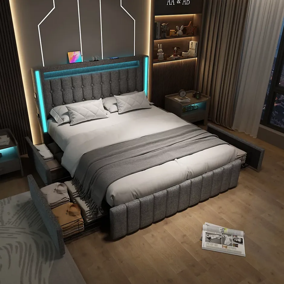 Okwish Lit avec rangement 140x200 cm double capitonné avec ports USB-C et LED, 4 tiroirs intégrés, tissu lin gris, sans matelas