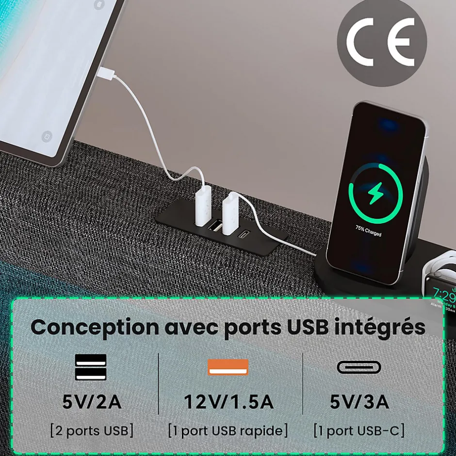Okwish Lit avec rangement 140x200 cm double capitonné avec ports USB-C et LED, 4 tiroirs intégrés, tissu lin gris, sans matelas