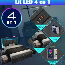 Okwish Lit avec rangement 140x200 cm double capitonné avec ports USB-C et LED, 4 tiroirs intégrés, tissu lin gris, sans matelas