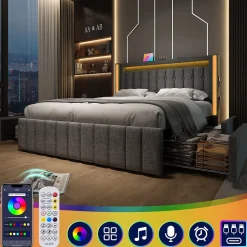 Okwish Lit avec rangement 140x200 cm double capitonné avec ports USB-C et LED, 4 tiroirs intégrés, tissu lin gris, sans matelas