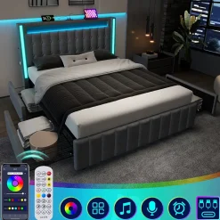Okwish Lit avec rangement 140x200 cm double capitonné avec ports USB-C et LED, 4 tiroirs intégrés, tissu lin gris, sans matelas