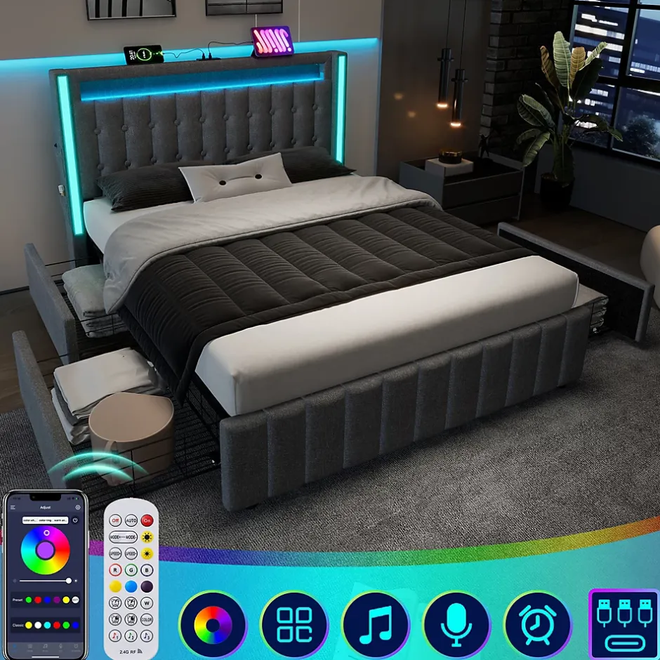 Okwish Lit avec rangement 140x200 cm double capitonné avec ports USB-C et LED, 4 tiroirs intégrés, tissu lin gris, sans matelas