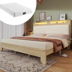 Okwish Lit avec rangement 180x200 cm double, éclairage LED intégré, bois chêne clair, design fonctionnel et moderne, sans matelas