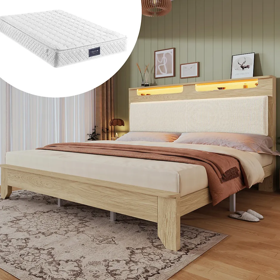 Okwish Lit avec rangement 180x200 cm double, éclairage LED intégré, bois chêne clair, design fonctionnel et moderne, sans matelas