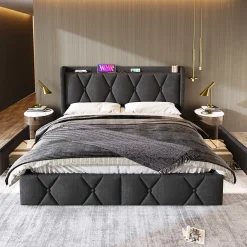 Generique Lit avec rangement 140x200 cm double capitonné avec ports USB et 4 tiroirs, structure lin et bois, gris, sans matelas Outlet