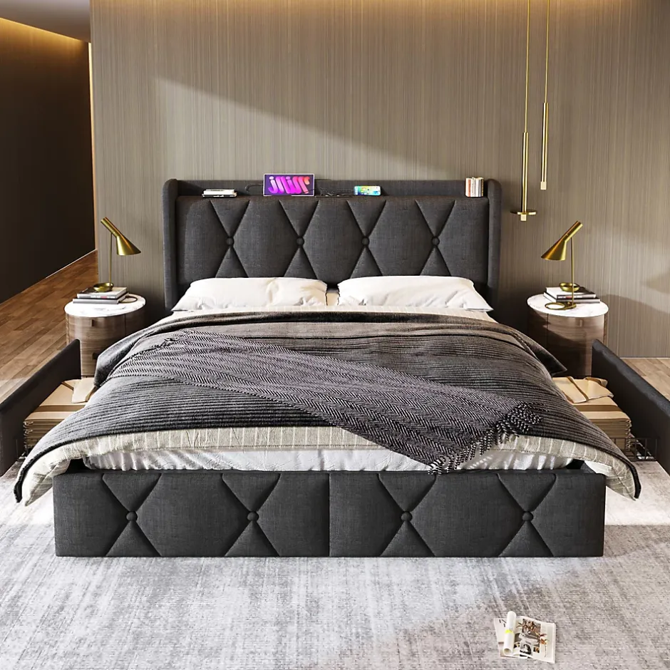 Generique Lit avec rangement 140x200 cm double capitonné avec ports USB et 4 tiroirs, structure lin et bois, gris, sans matelas Outlet