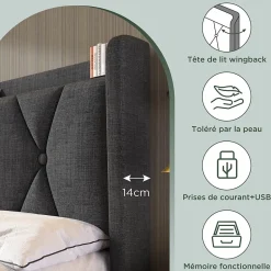 Generique Lit avec rangement 140x200 cm double capitonné avec ports USB et 4 tiroirs, structure lin et bois, gris, sans matelas Outlet