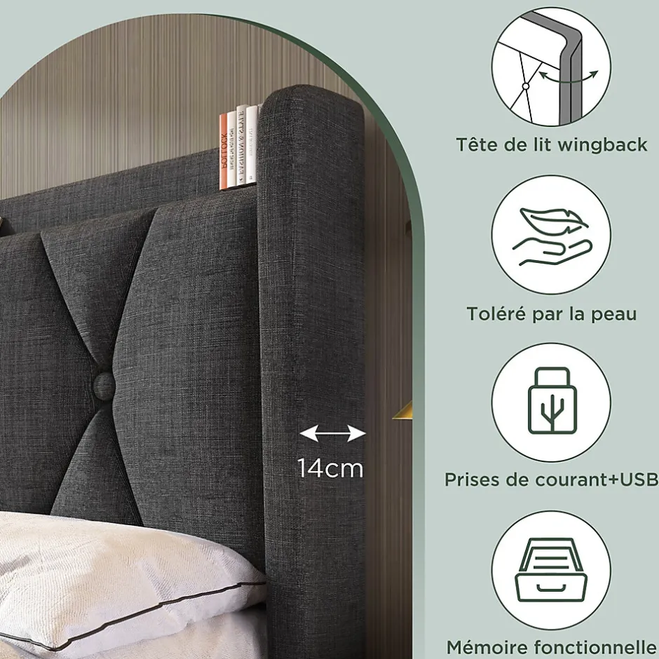 Generique Lit avec rangement 140x200 cm double capitonné avec ports USB et 4 tiroirs, structure lin et bois, gris, sans matelas Outlet