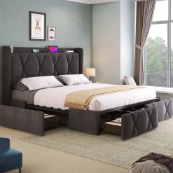 Generique Lit avec rangement 140x200 cm double capitonné avec ports USB et 4 tiroirs, structure lin et bois, gris, sans matelas Outlet