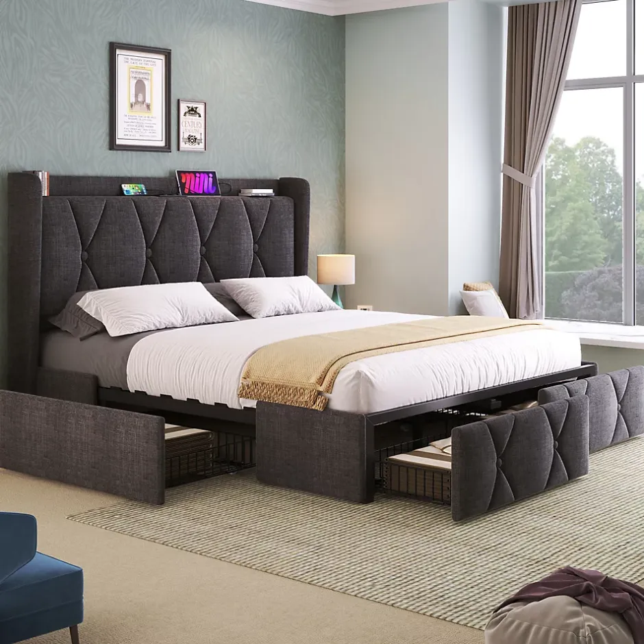 Generique Lit avec rangement 140x200 cm double capitonné avec ports USB et 4 tiroirs, structure lin et bois, gris, sans matelas Outlet