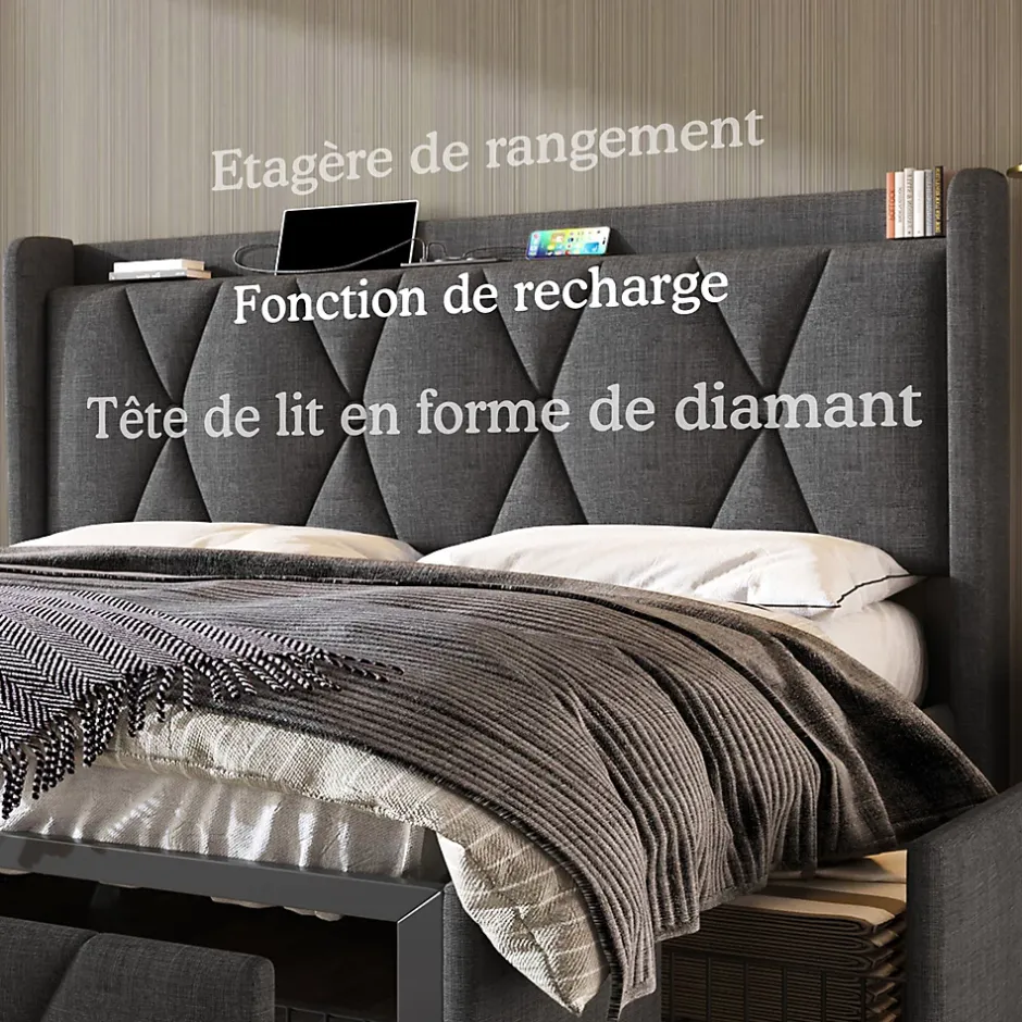 Generique Lit avec rangement 140x200 cm double capitonné avec ports USB et 4 tiroirs, structure lin et bois, gris, sans matelas Outlet