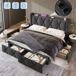 Generique Lit avec rangement 140x200 cm double capitonné avec ports USB et 4 tiroirs, structure lin et bois, gris, sans matelas Outlet